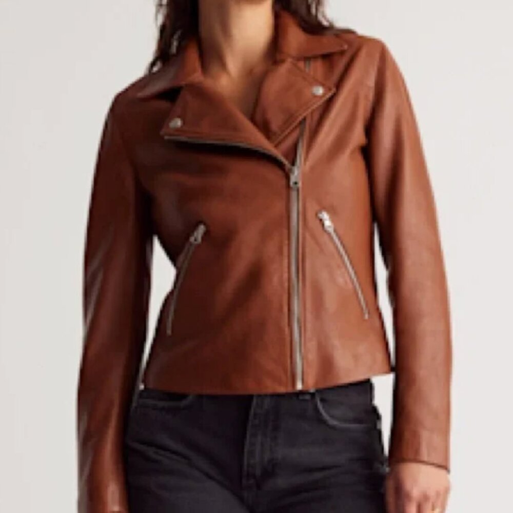 Quince 100% Leather Biker Jacket Size Small Dark Cognac